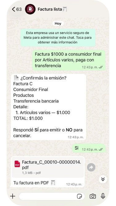 Conversación de WhatsApp: se pide una factura de $1.000 a consumidor final, Factura lista muestra el detalle para confirmar y devuelve el PDF de la factura C emitida.